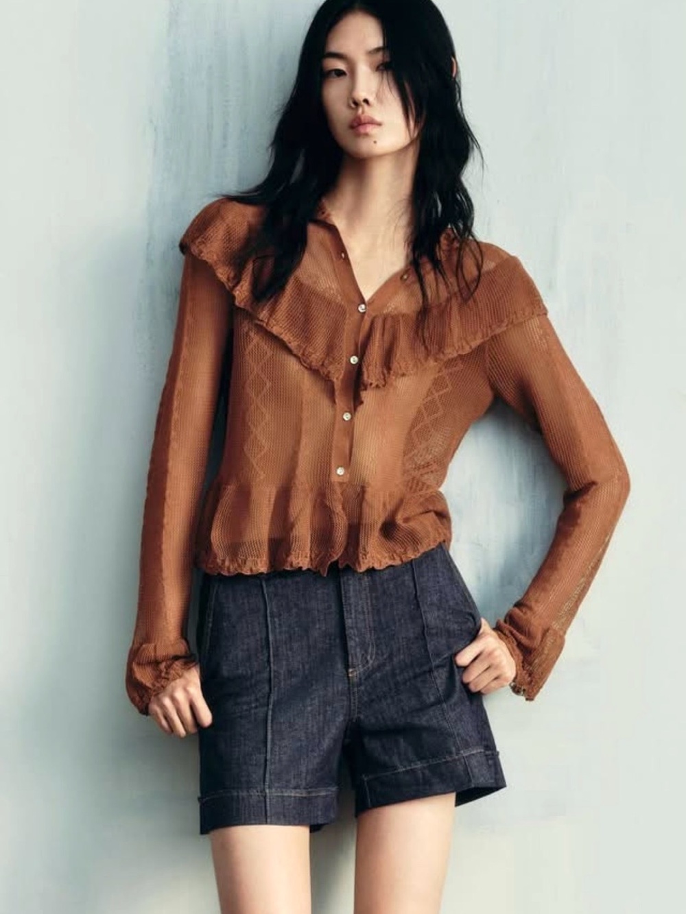 Zara Brown Pointelle Knit Romantic Cardigan with Ruffle Detail